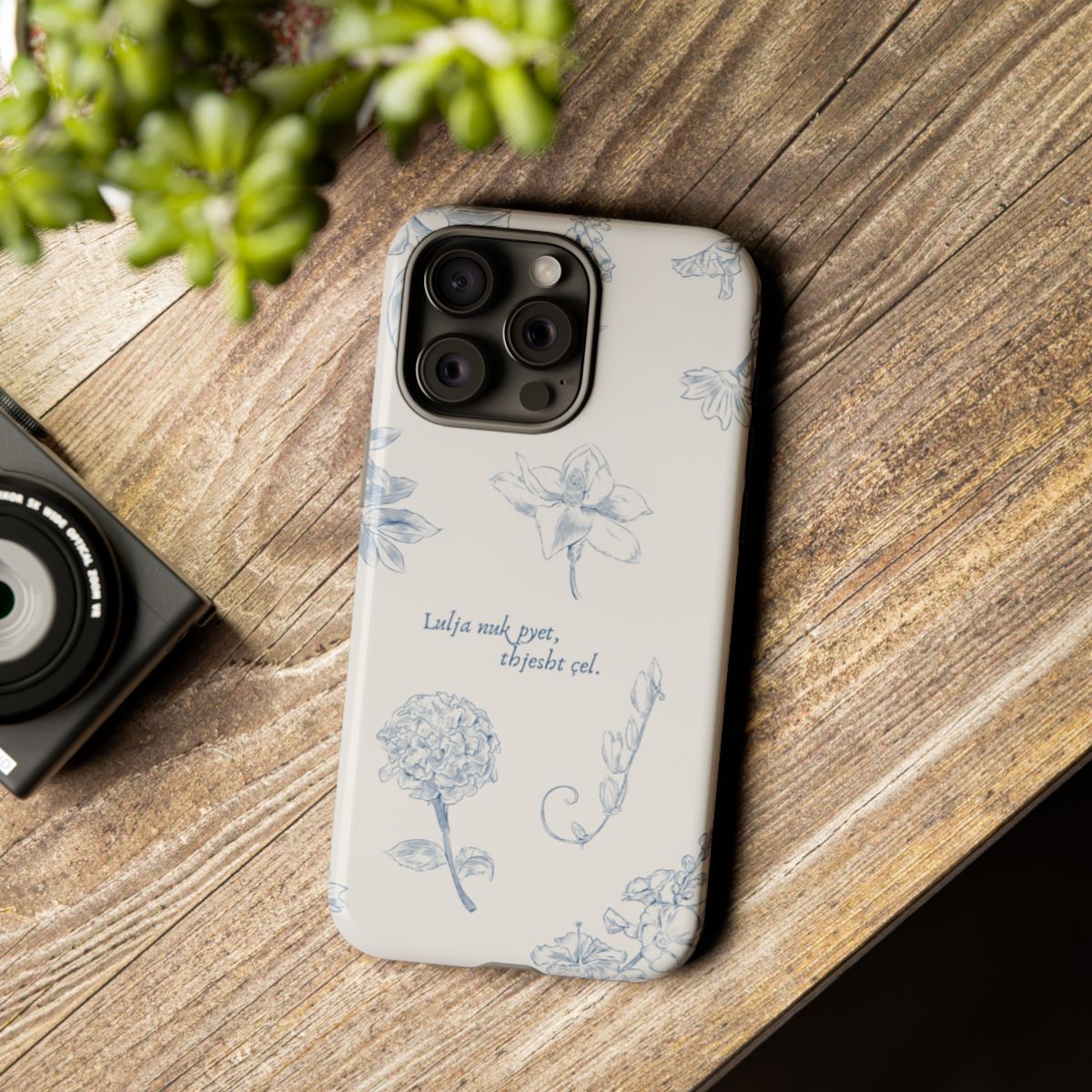 Albanian Quote Floral iPhone Case – Soft Blue Design