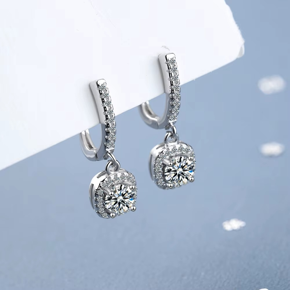 Moissanite Certified Halo Drop Huggie Earrings | 925 Sterling Silver | Cushion Halo Dangle | Women's Luxury Jewellery Gift