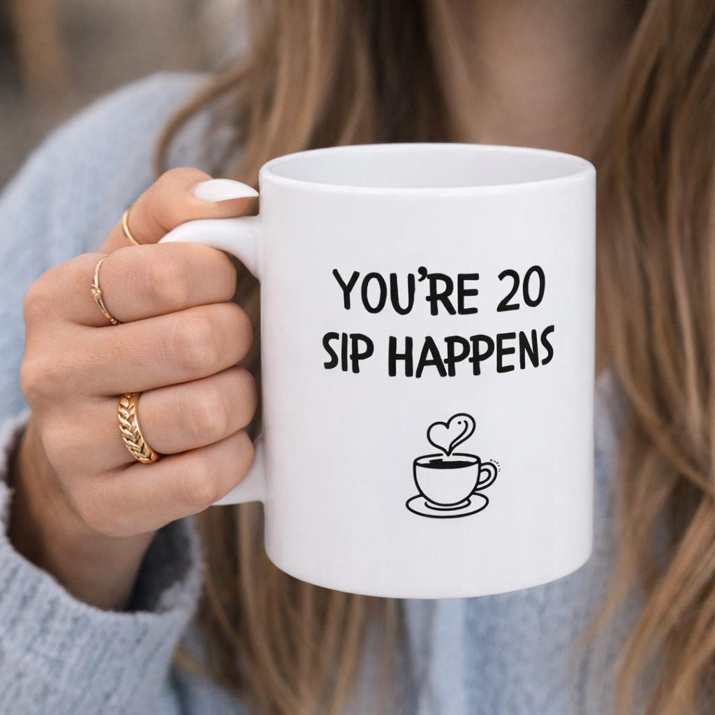 You’re 20, Sip Happens Mug Funny Birthday Mug | Coffee Quote (Personalise with age)