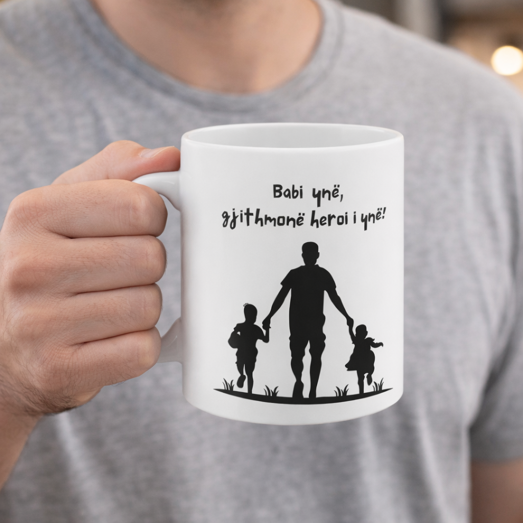 Babi Ynë, Gjithmonë Heroi Ynë Mug  Father & Children Silhouette | Hero Dad Mug