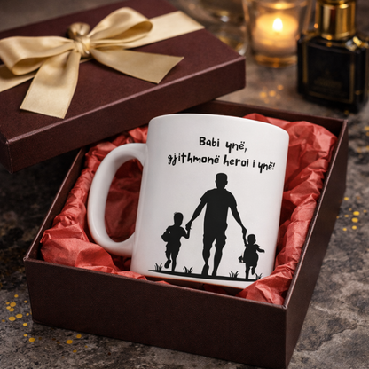 Babi Ynë, Gjithmonë Heroi Ynë Mug  Father & Children Silhouette | Hero Dad Mug