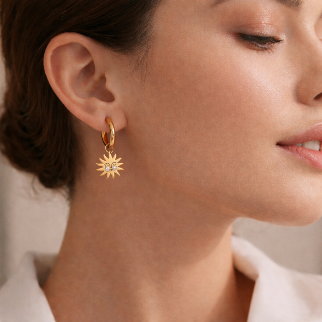 Sun & Moon Pearl Drop Earrings 18K Gold-Plated Stainless Steel | Elegant & Waterproof Jewellery