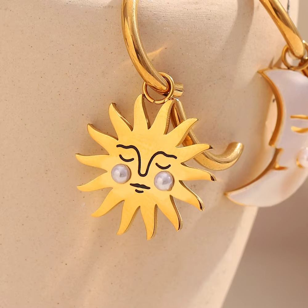 Sun & Moon Pearl Drop Earrings 18K Gold-Plated Stainless Steel | Elegant & Waterproof Jewellery