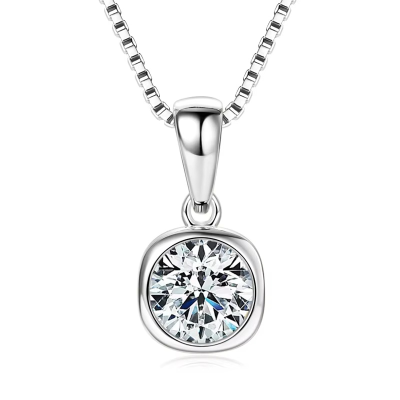 Moissanite Certified Cushion Bezel Pendant Necklace | 925 Sterling Silver | Box Chain