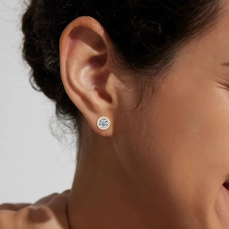 Moissanite Certified Halo Stud Earrings | 925 Sterling Silver | Gold Plated | 0.5CT, 1CT or 2CT
