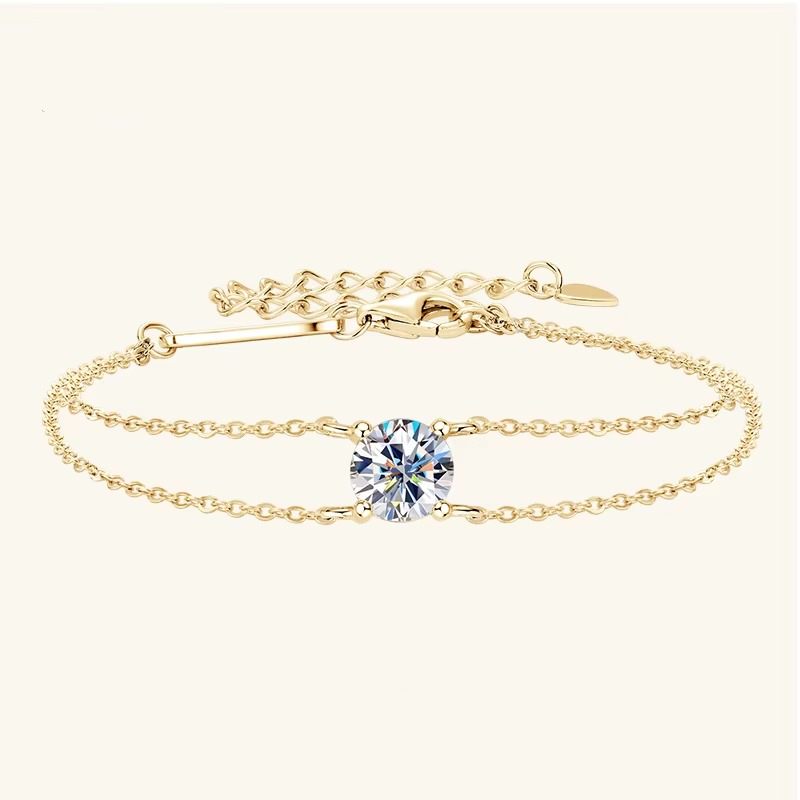 Certified Moissanite Double Chain Bracelet | 1CT D-Color 925 Sterling Silver | 18CT Gold Plated