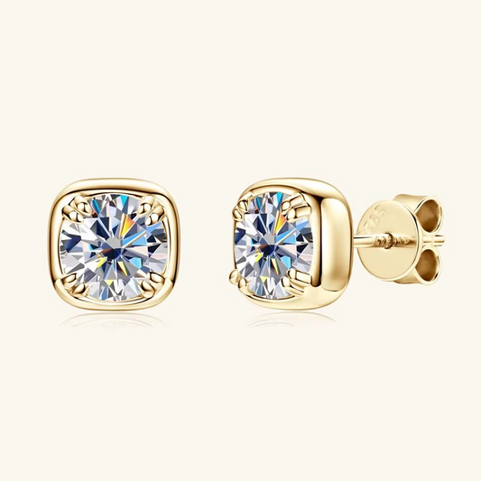 Moissanite Certified Square Stud Earrings | 925 Sterling Silver | 18K Gold Plated | 1CT D-Color
