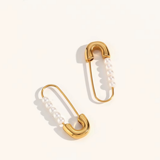 Pearl Safety Pin Hoop Earrings Gold-Tone Finish | Modern Pearl Jewellery