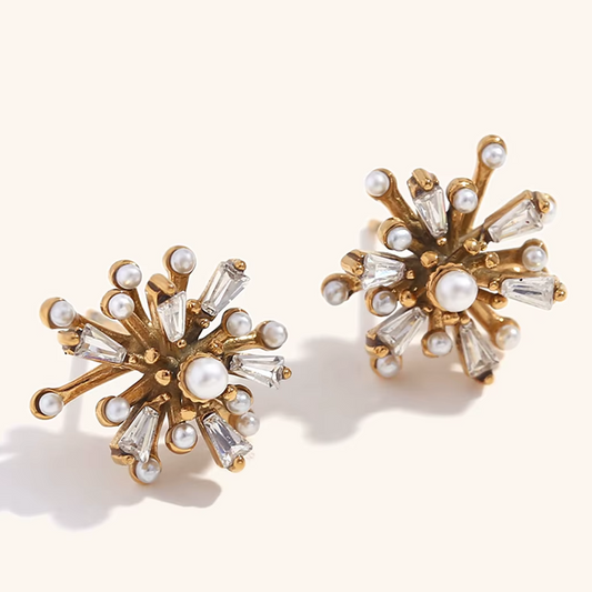 Radiant Pearl Burst Stud Earrings Gold-Tone Finish | Sculptural Pearl & Crystal Jewellery