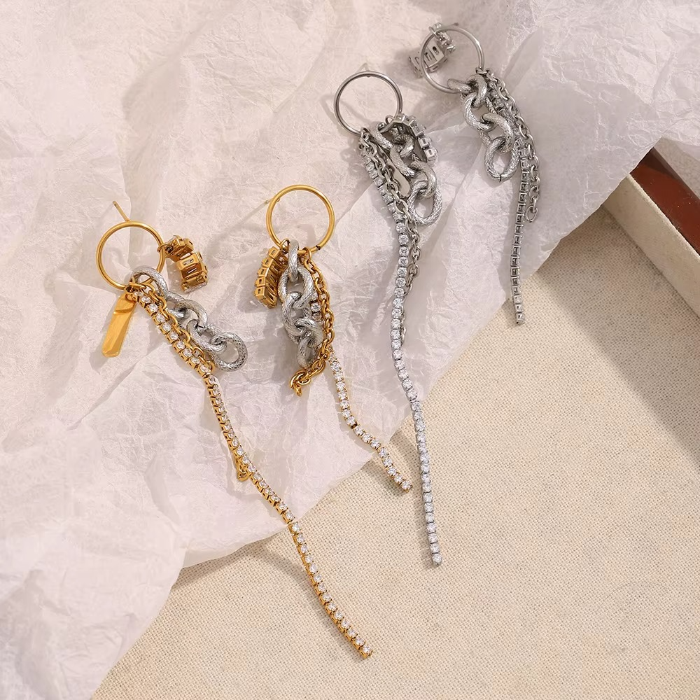 Chain Drop Statement Earrings Gold or Silver Finish | Modern Mixed-Texture Jewellery