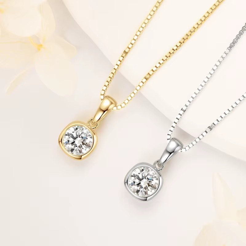 Moissanite Certified Cushion Bezel Pendant Necklace | 925 Sterling Silver | Box Chain