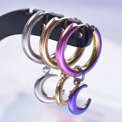 Upright Moon Charm Hoop Earrings Stainless Steel | Minimal Celestial Jewellery