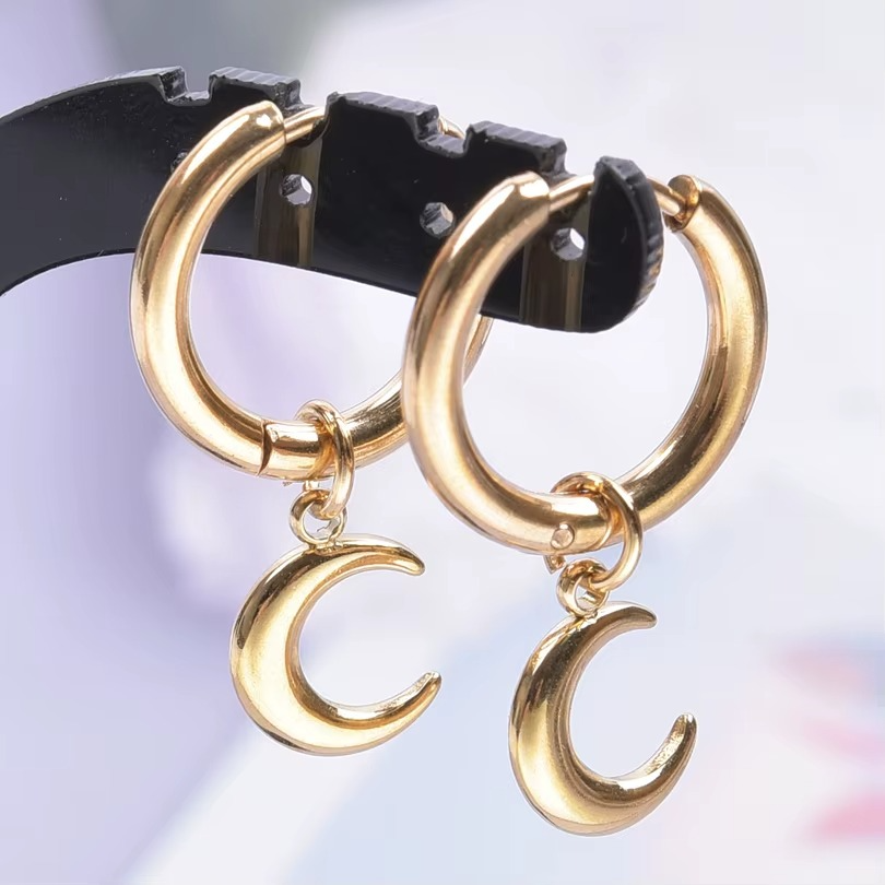 Upright Moon Charm Hoop Earrings Stainless Steel | Minimal Celestial Jewellery