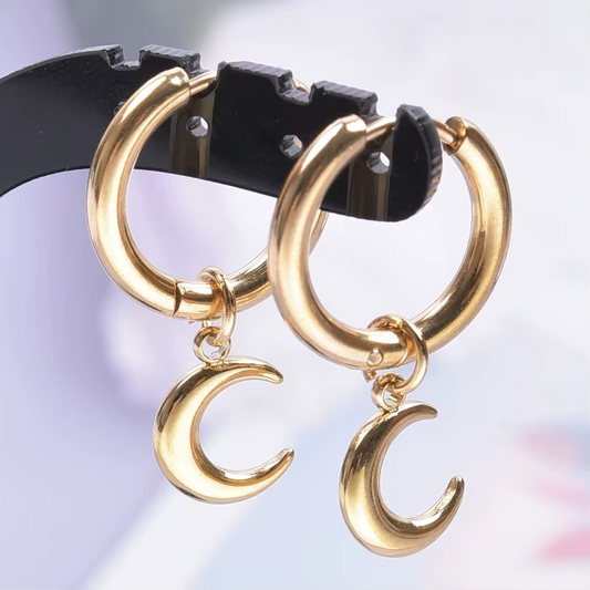 Upright Moon Charm Hoop Earrings Stainless Steel | Minimal Celestial Jewellery