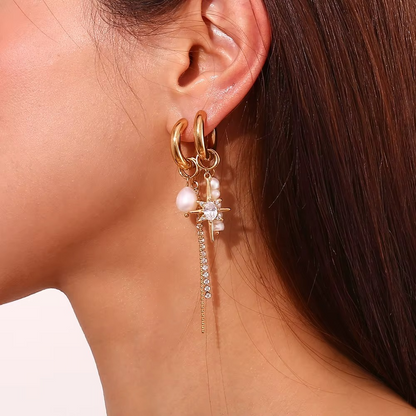 Pearl & Crystal Star Drop Hoop Earrings Gold-Tone Stainless Steel | Asymmetrical Statement Jewellery