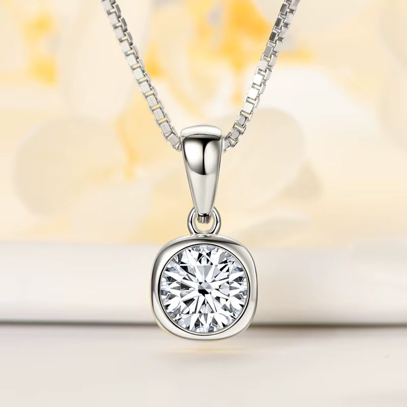 Moissanite Certified Cushion Bezel Pendant Necklace | 925 Sterling Silver | Box Chain