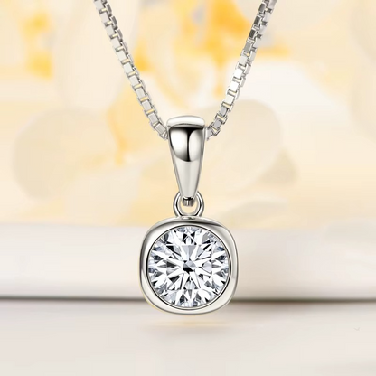 Moissanite Certified Cushion Bezel Pendant Necklace | 925 Sterling Silver | Box Chain