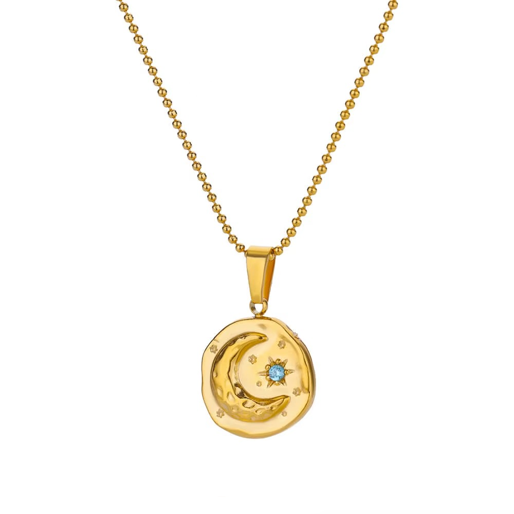 Blue Zircon Star & Moon Necklace  Gold-Tone Stainless Steel | Celestial Elegance