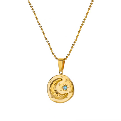 Blue Zircon Star & Moon Necklace  Gold-Tone Stainless Steel | Celestial Elegance