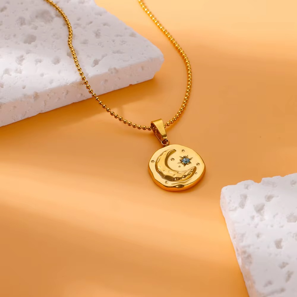 Blue Zircon Star & Moon Necklace  Gold-Tone Stainless Steel | Celestial Elegance