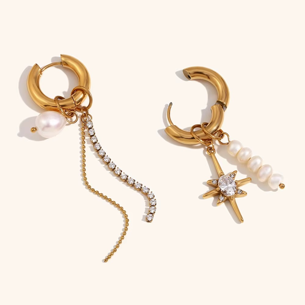 Pearl & Crystal Star Drop Hoop Earrings Gold-Tone Stainless Steel | Asymmetrical Statement Jewellery