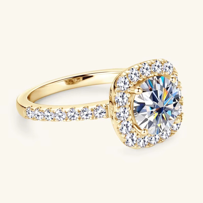 Moissanite Cushion Halo Engagement Ring | 925 Sterling Silver | 18K Gold & Silver | Pavé Band | Certified Luxury Ring