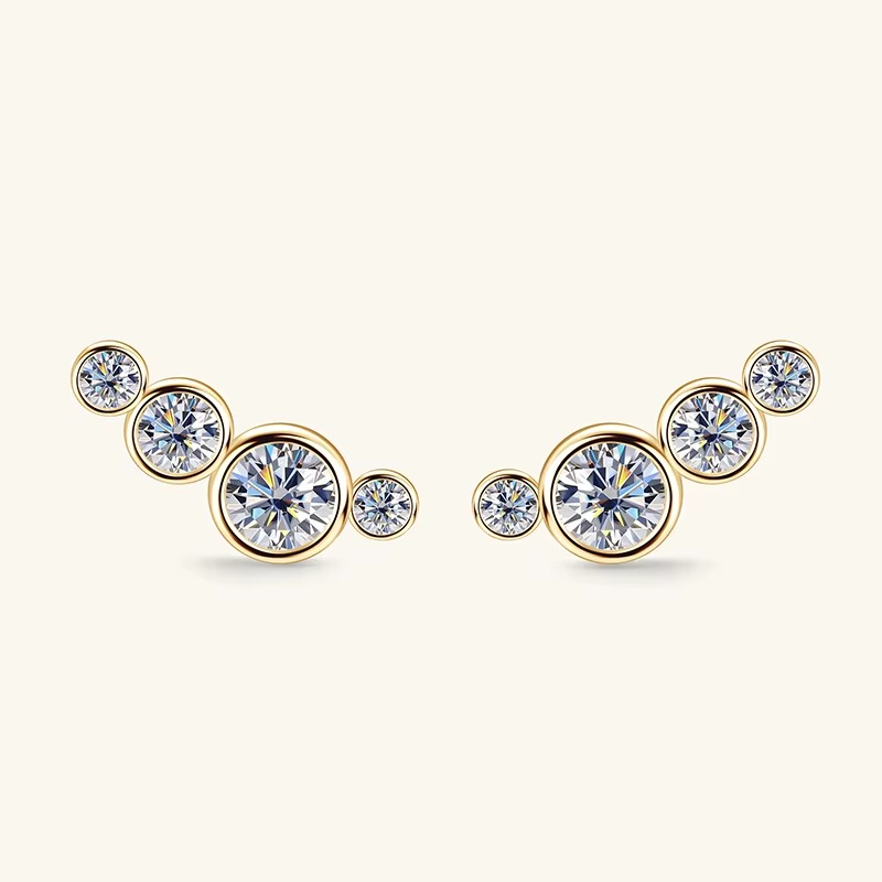 Certified Moissanite Graduated Bezel Stud Earrings | 925 Sterling Silver - 18K Gold Plated | Four-Stone Curved Ear Climber