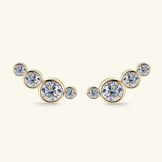 Certified Moissanite Graduated Bezel Stud Earrings | 925 Sterling Silver - 18K Gold Plated | Four-Stone Curved Ear Climber