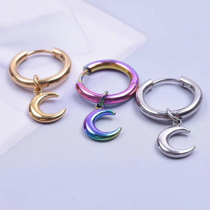 Upright Moon Charm Hoop Earrings Stainless Steel | Minimal Celestial Jewellery