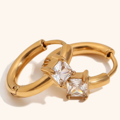 Square Crystal Hoop Earrings Gold-Tone Stainless Steel | Refined Minimalist Jewellery