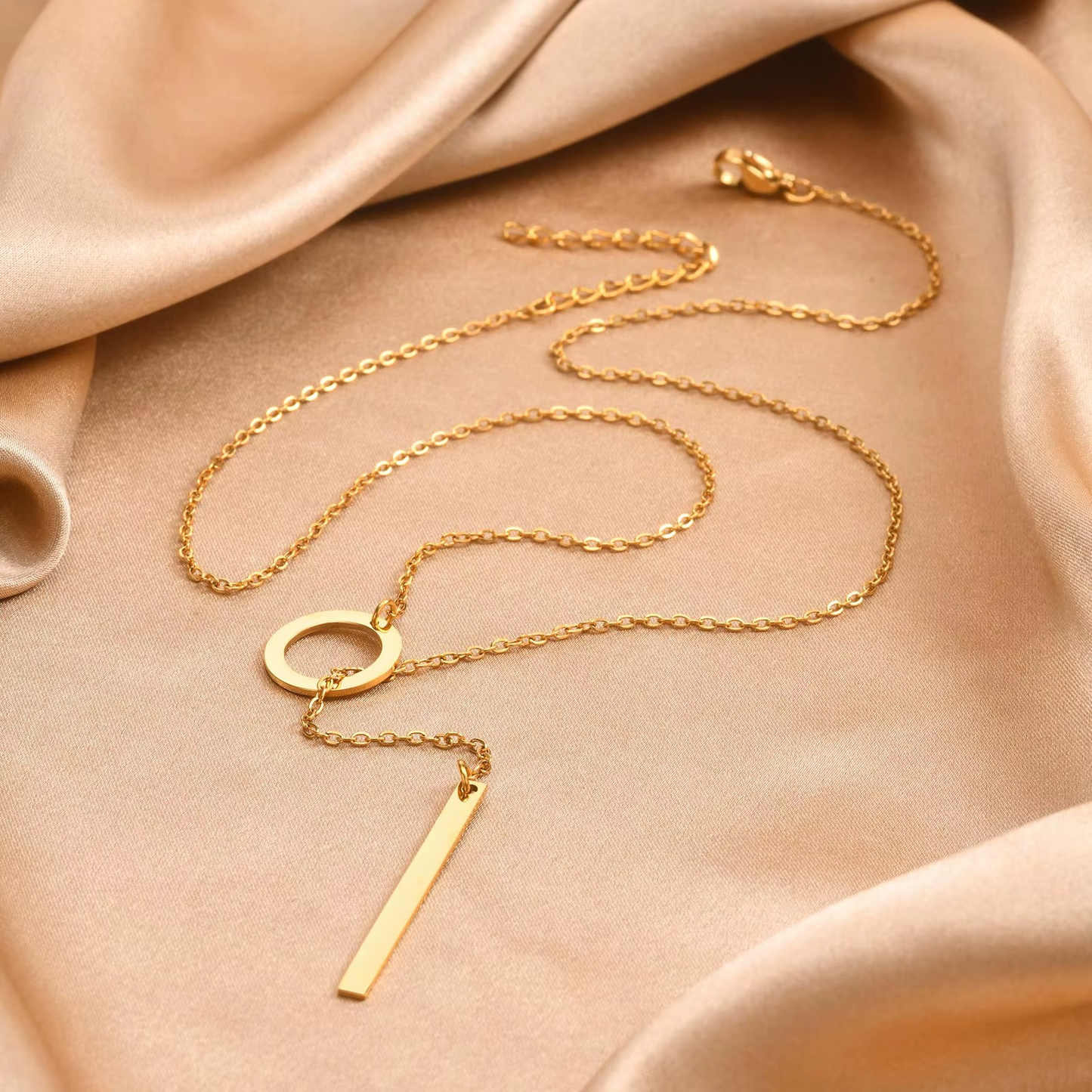 Circle and Bar Drop Necklace - 18K Gold Plated Stainless Steel - Minimal Lariat Necklace Gift for Her