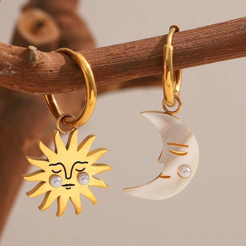 Sun & Moon Pearl Drop Earrings 18K Gold-Plated Stainless Steel | Elegant & Waterproof Jewellery