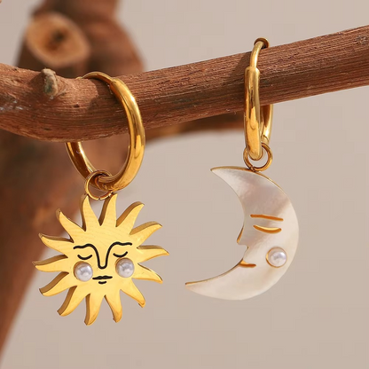 Sun & Moon Pearl Drop Earrings 18K Gold-Plated Stainless Steel | Elegant & Waterproof Jewellery