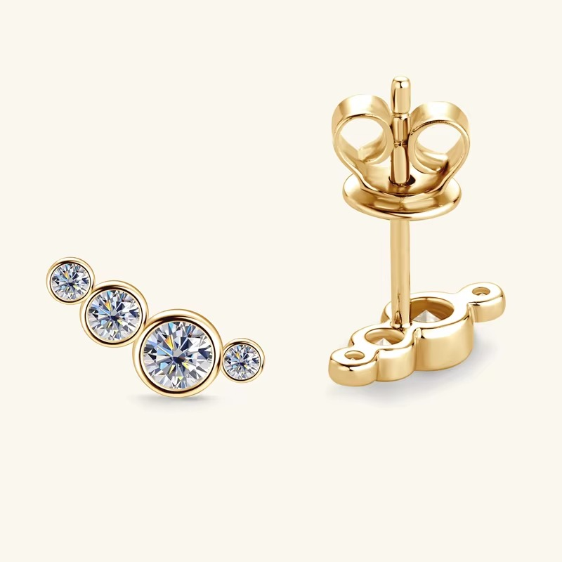 Certified Moissanite Graduated Bezel Stud Earrings | 925 Sterling Silver - 18K Gold Plated | Four-Stone Curved Ear Climber
