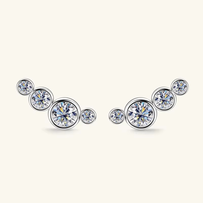 Certified Moissanite Graduated Bezel Stud Earrings | 925 Sterling Silver - 18K Gold Plated | Four-Stone Curved Ear Climber