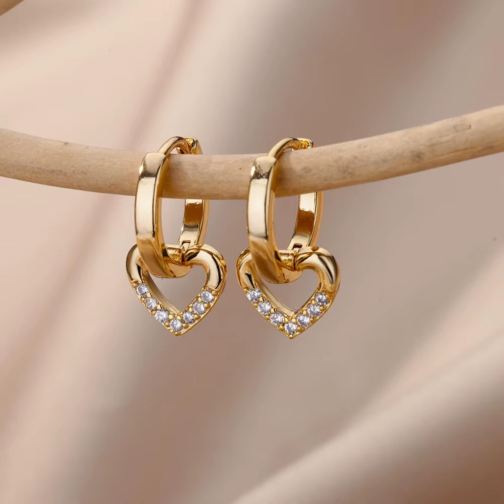 Zircon Heart Dangle Earrings Gold-Tone Stainless Steel | Elegant Romantic Jewellery