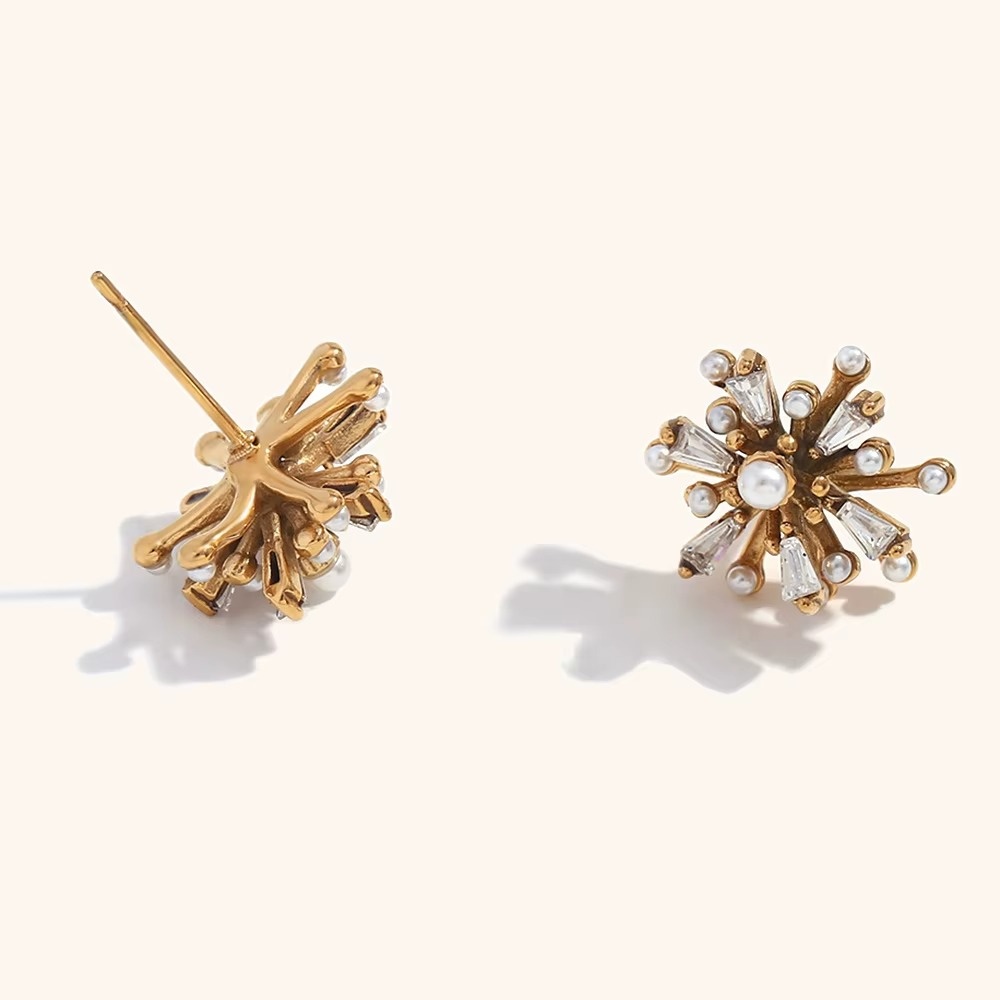 Radiant Pearl Burst Stud Earrings Gold-Tone Finish | Sculptural Pearl & Crystal Jewellery
