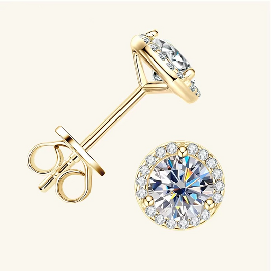Moissanite Certified Halo Stud Earrings | 925 Sterling Silver | Gold Plated | 0.5CT, 1CT or 2CT