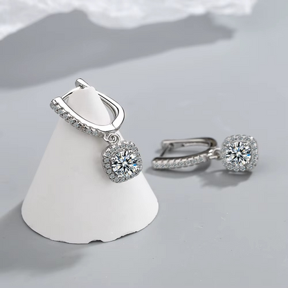 Moissanite Certified Halo Drop Huggie Earrings | 925 Sterling Silver | Cushion Halo Dangle | Women's Luxury Jewellery Gift