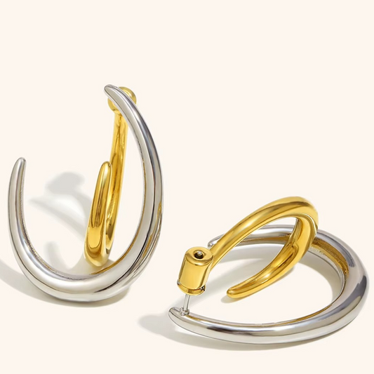 Two-Tone Sculptural Hoop Earrings Gold & Silver Finish | Modern Statement Jewellery