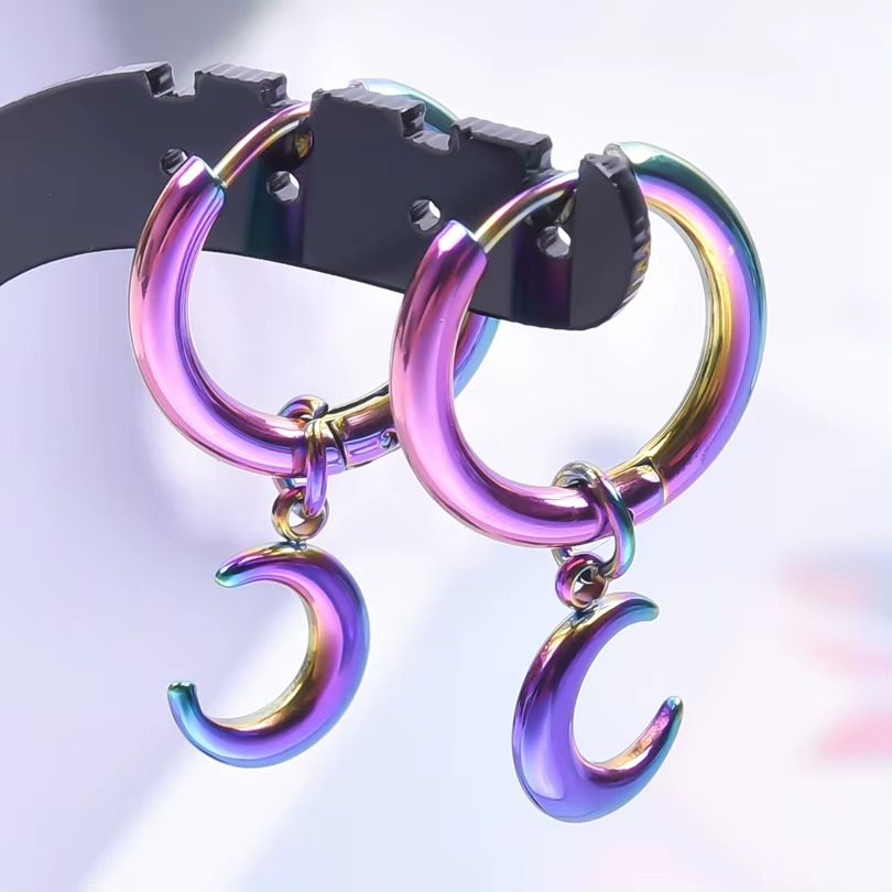 Upright Moon Charm Hoop Earrings Stainless Steel | Minimal Celestial Jewellery