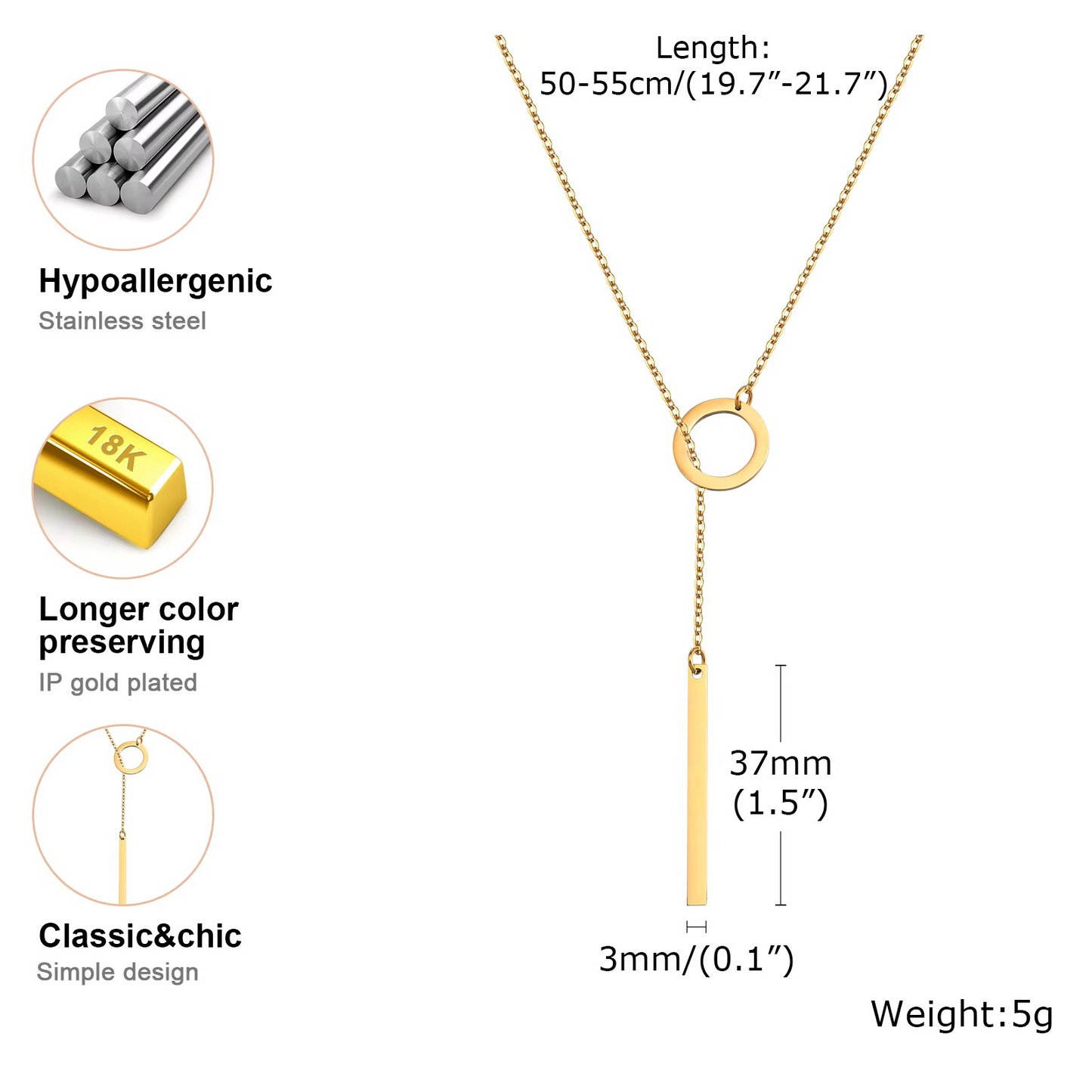 Circle and Bar Drop Necklace - 18K Gold Plated Stainless Steel - Minimal Lariat Necklace Gift for Her