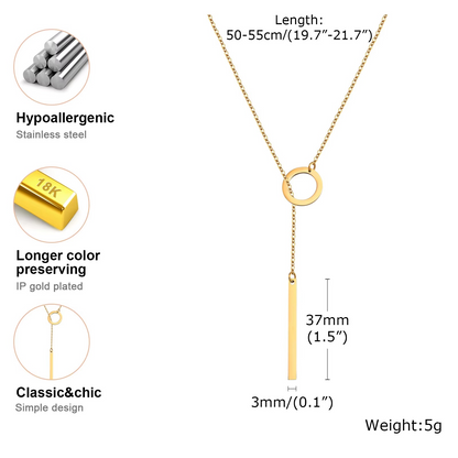 Circle and Bar Drop Necklace - 18K Gold Plated Stainless Steel - Minimal Lariat Necklace Gift for Her