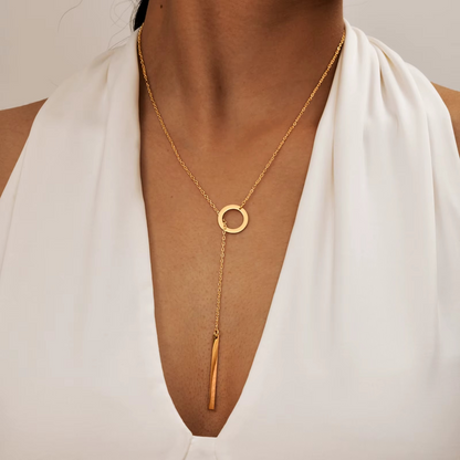 Circle and Bar Drop Necklace - 18K Gold Plated Stainless Steel - Minimal Lariat Necklace Gift for Her