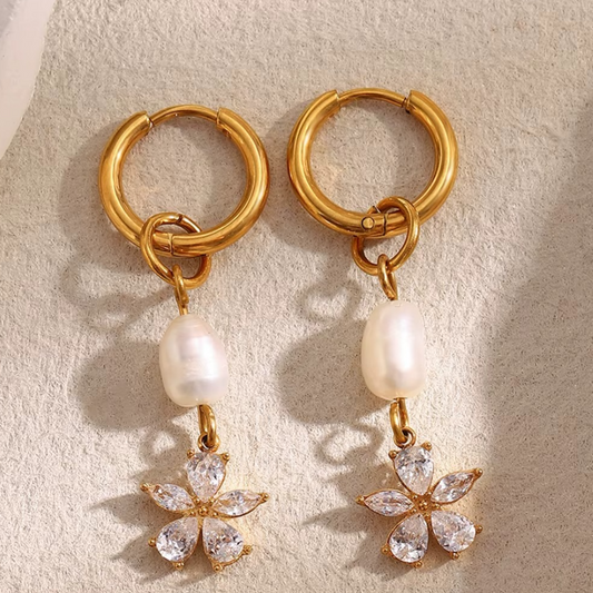 Pearl & Crystal Butterfly Drop Earrings Gold-Tone Stainless Steel | Elegant Romantic Jewellery