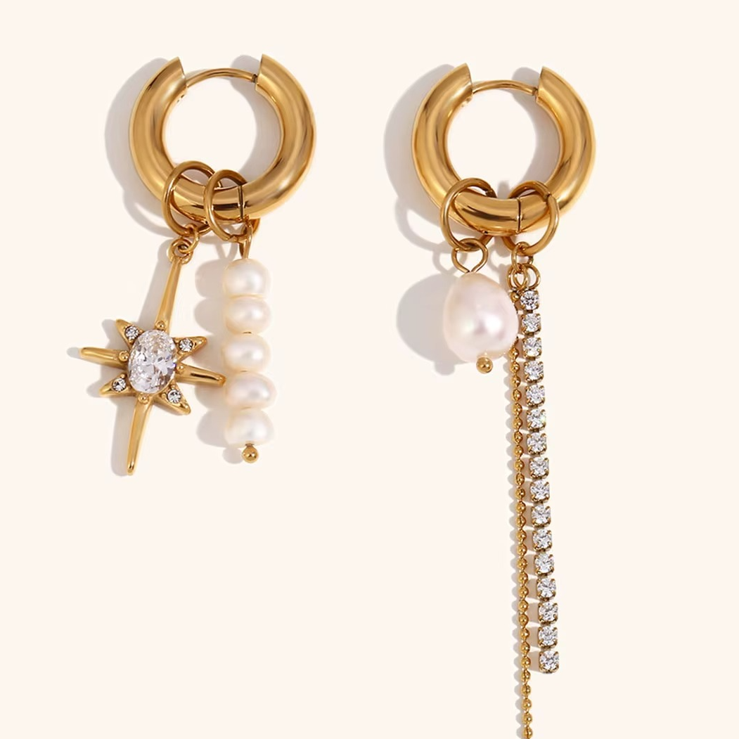 Pearl & Crystal Star Drop Hoop Earrings Gold-Tone Stainless Steel | Asymmetrical Statement Jewellery