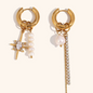 Pearl & Crystal Star Drop Hoop Earrings Gold-Tone Stainless Steel | Asymmetrical Statement Jewellery
