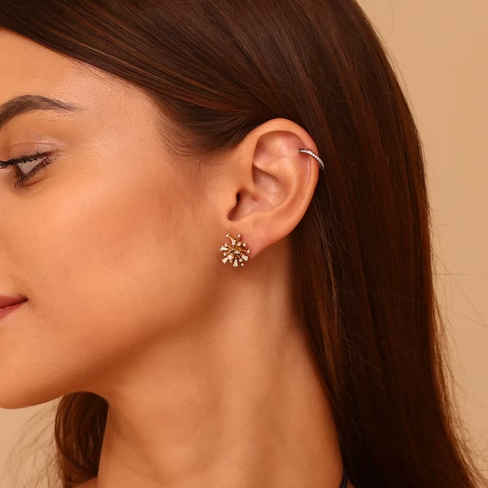 Radiant Pearl Burst Stud Earrings Gold-Tone Finish | Sculptural Pearl & Crystal Jewellery