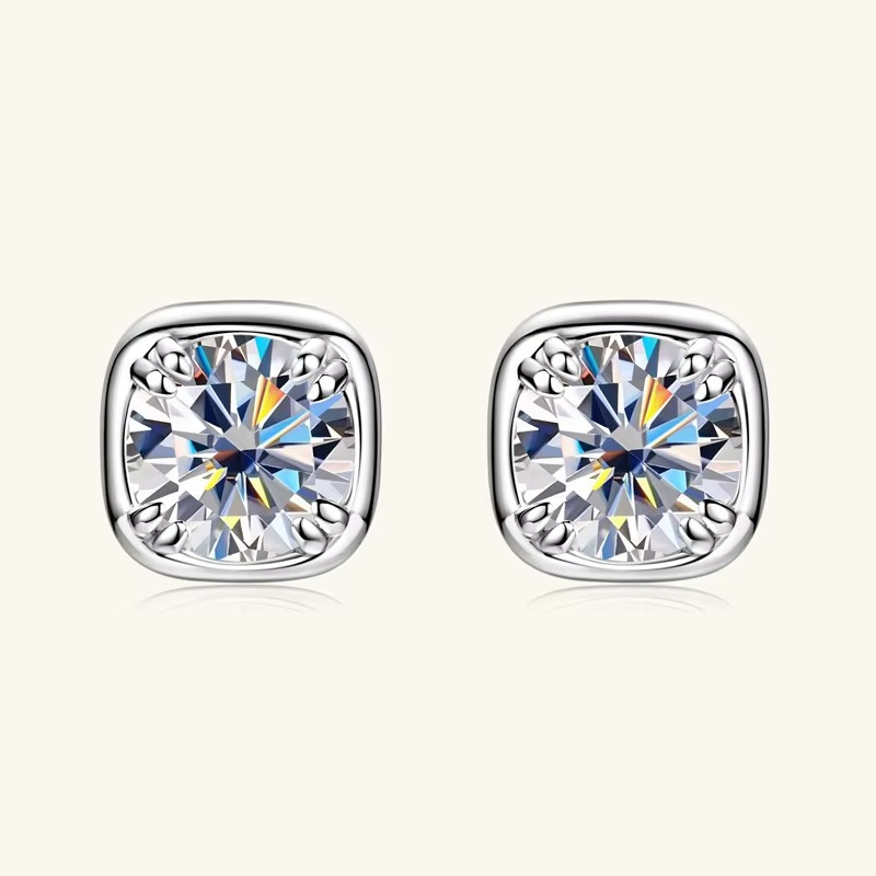 Moissanite Certified Square Stud Earrings | 925 Sterling Silver | 18K Gold Plated | 1CT D-Color