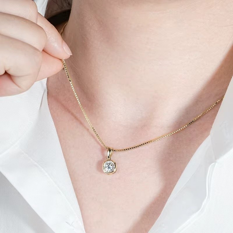 Moissanite Certified Cushion Bezel Pendant Necklace | 925 Sterling Silver | Box Chain